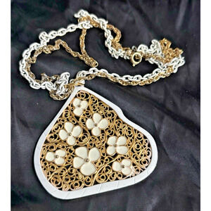 Large Gold & White Enamel Floral Pendant Necklace Double Chain 60's Flower Power
